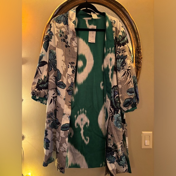 CHICO'S TROPIC EMERALD IKAT FLORAL PRINT REVERSIBLE DUSTER KIMONO TOP - Picture 7 of 7